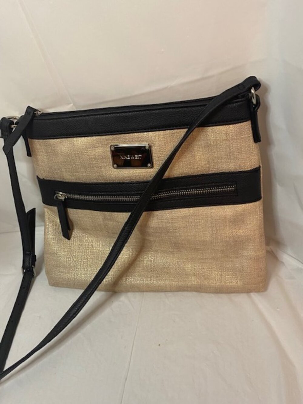 Nine West Metallic Gold Woven Crossbody Bag with Black Faux Leather Trim